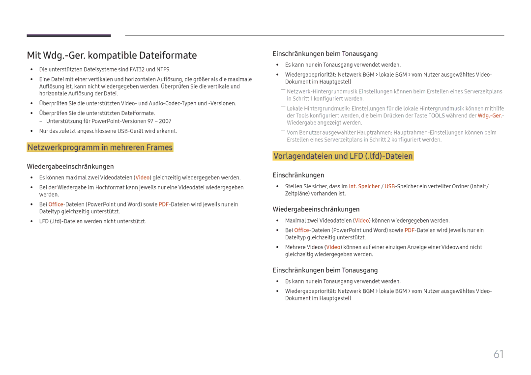 Samsung LH55QHHPLGC/EN, LH65QBHPLGC/EN manual Mit Wdg.-Ger. kompatible Dateiformate, Netzwerkprogramm in mehreren Frames 