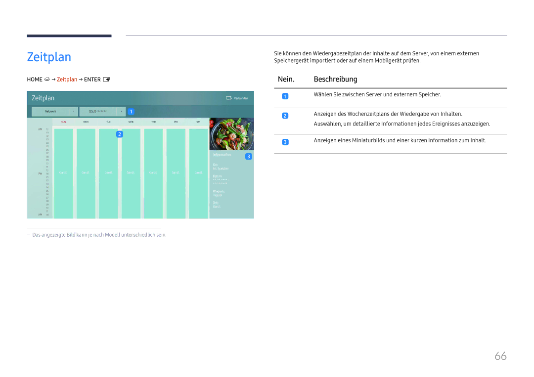 Samsung LH43DBJPLGC/EN, LH65QBHPLGC/EN manual → Zeitplan → Enter E, Wählen Sie zwischen Server und externem Speicher 