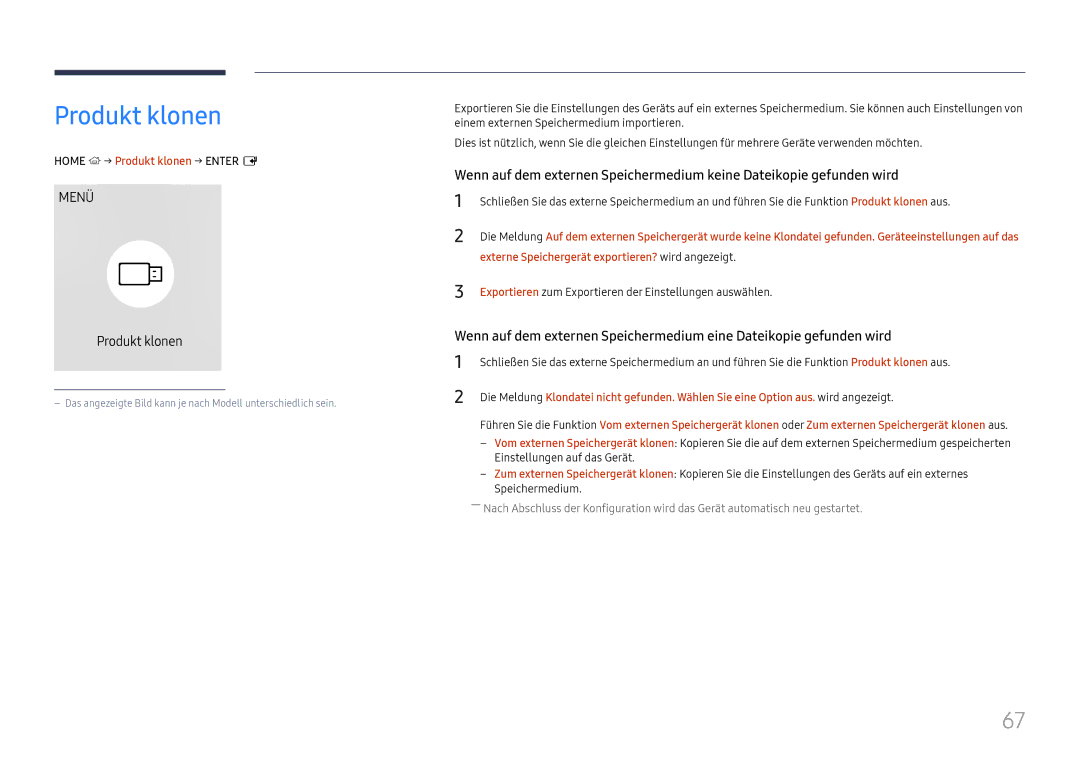Samsung LH65QMHPLGC/EN manual Home → Produkt klonen → Enter E, Externe Speichergerät exportieren? wird angezeigt 