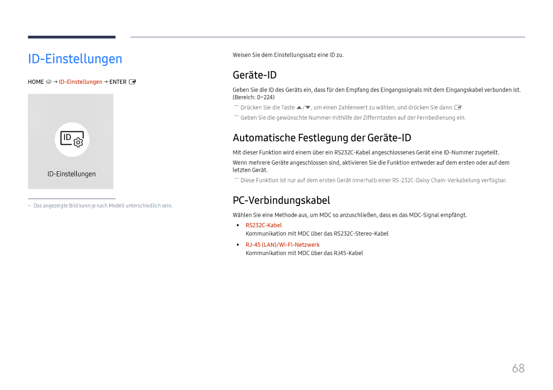 Samsung LH65QHHPLGC/EN, LH65QBHPLGC/EN ID-Einstellungen, Automatische Festlegung der Geräte-ID, PC-Verbindungskabel 