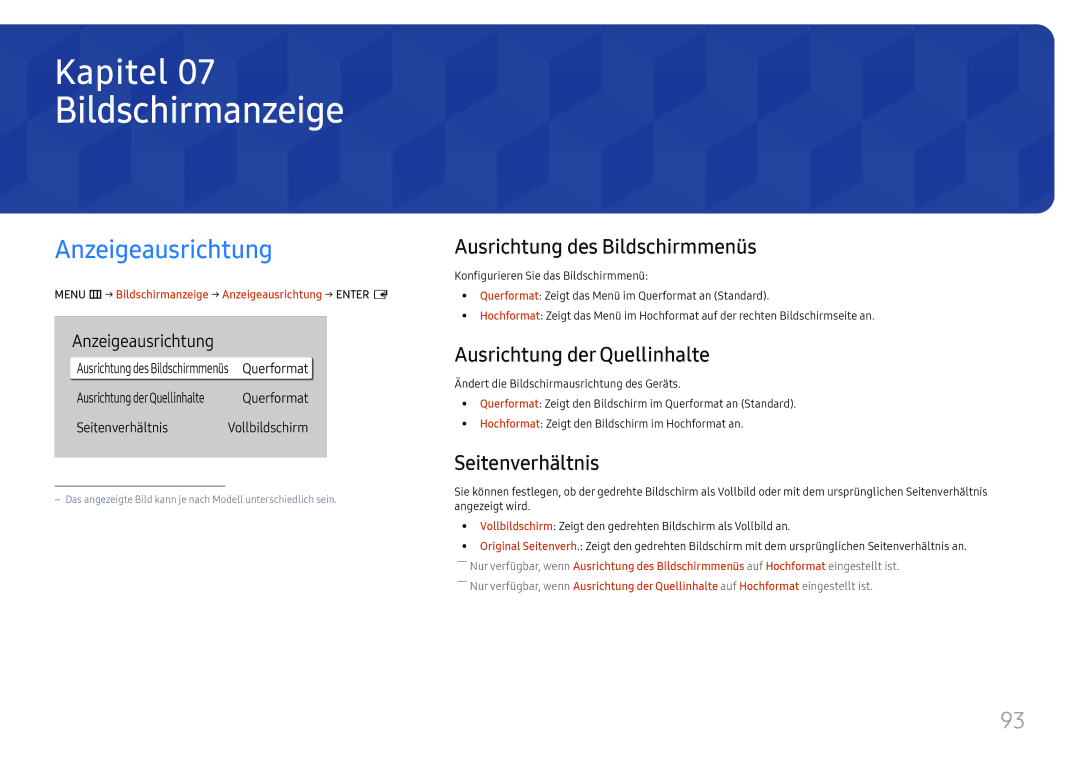 Samsung LH43DBJPLGC/EN manual Bildschirmanzeige, Anzeigeausrichtung, Ausrichtung des Bildschirmmenüs, Seitenverhältnis 