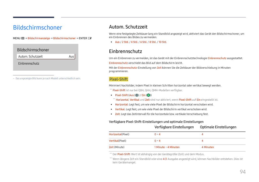 Samsung LH65QMHPLGC/EN, LH65QBHPLGC/EN, LH75QBHPLGC/EN Bildschirmschoner, Autom. Schutzzeit, Einbrennschutz, Pixel-Shift 