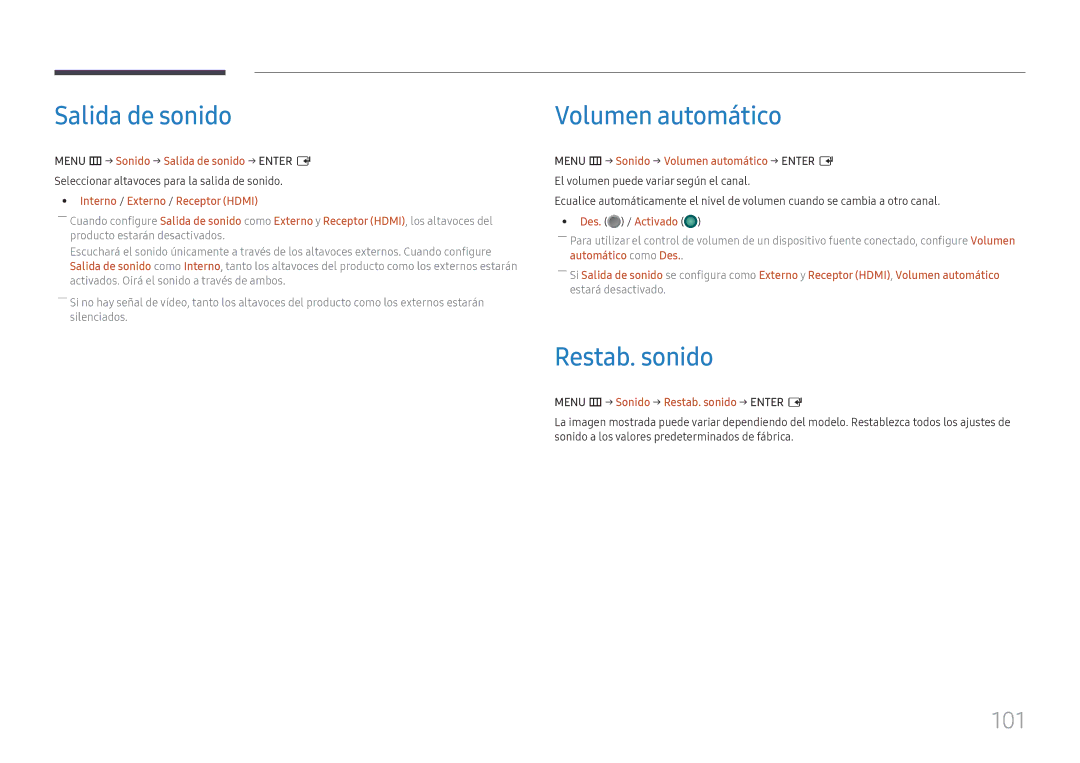 Samsung LH49DBJPLGC/EN, LH65QBHPLGC/EN, LH75QBHPLGC/EN manual Salida de sonido, Volumen automático, Restab. sonido, 101 