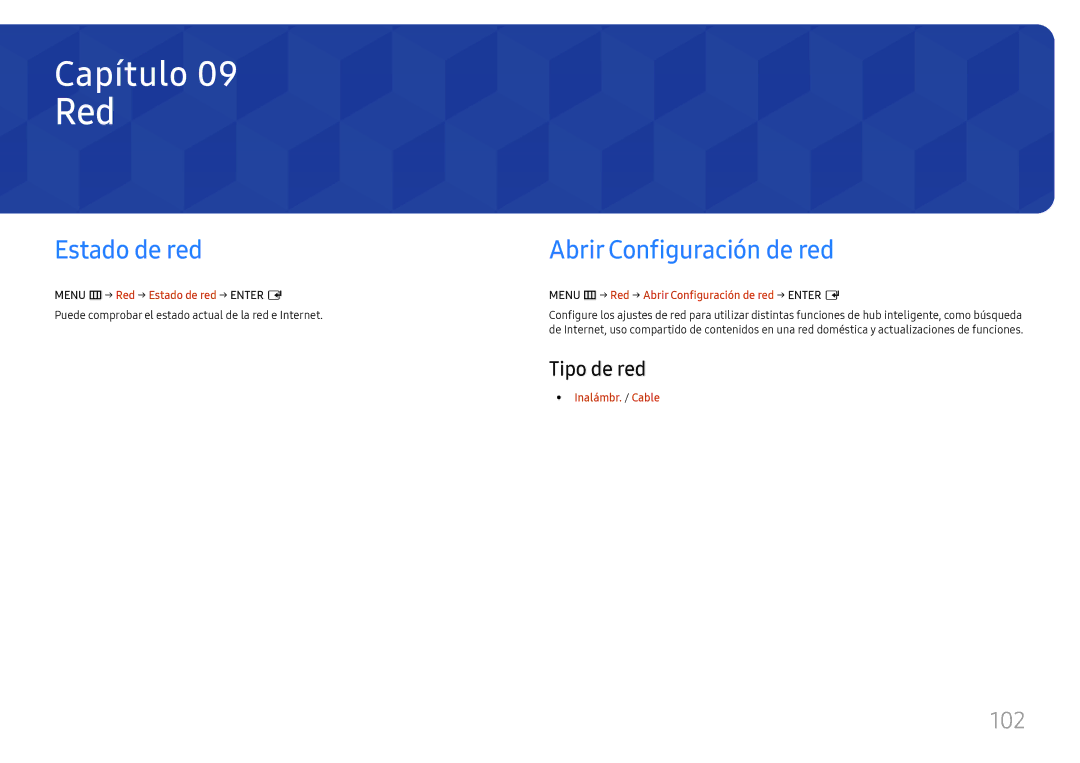 Samsung LH43DBJPLGC/EN, LH65QBHPLGC/EN, LH75QBHPLGC/EN, LH49DBJPLGC/EN Red, Abrir Configuración de red, 102, Tipo de red 