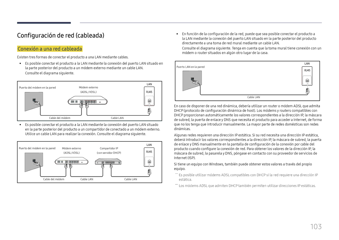 Samsung LH65QMHPLGC/EN 103, Configuración de red cableada, Conexión a una red cableada, Consulte el diagrama siguiente 