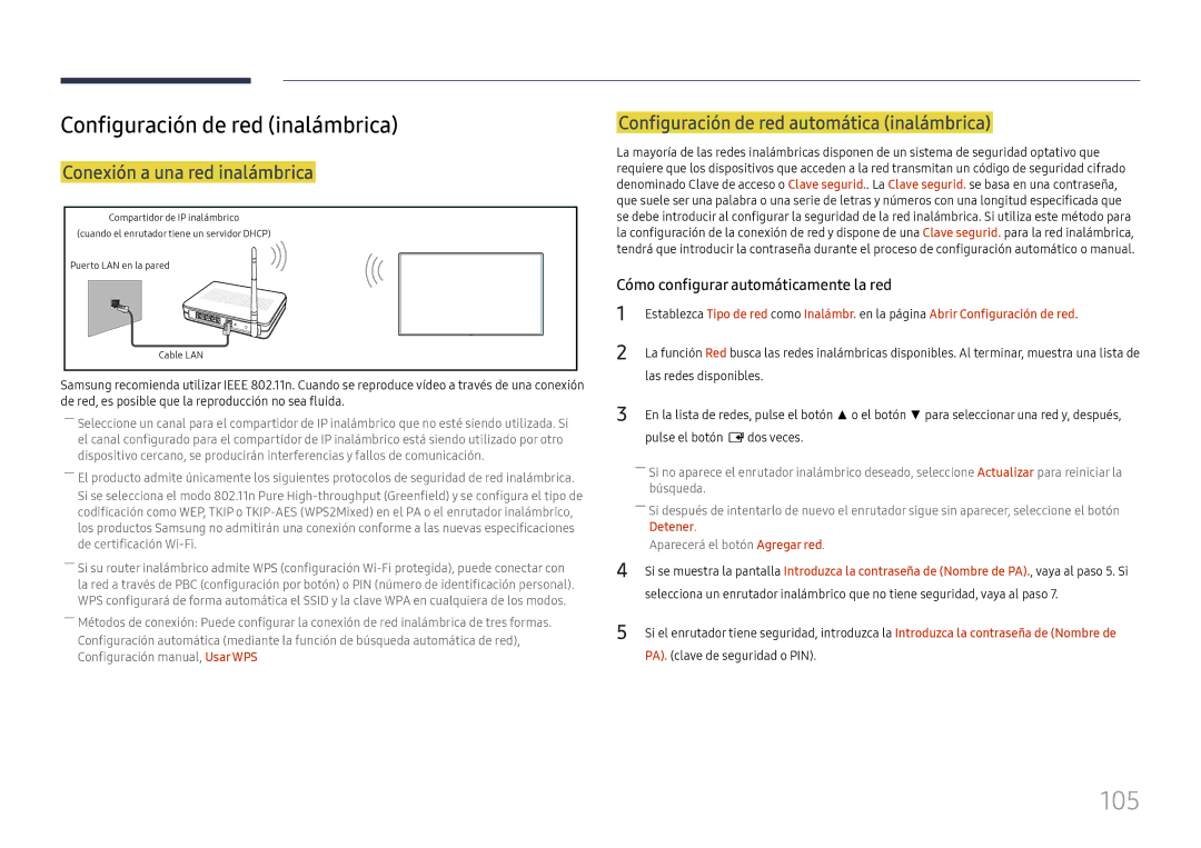 Samsung LH55QMHPLGC/EN, LH65QBHPLGC/EN manual 105, Configuración de red inalámbrica, Conexión a una red inalámbrica 