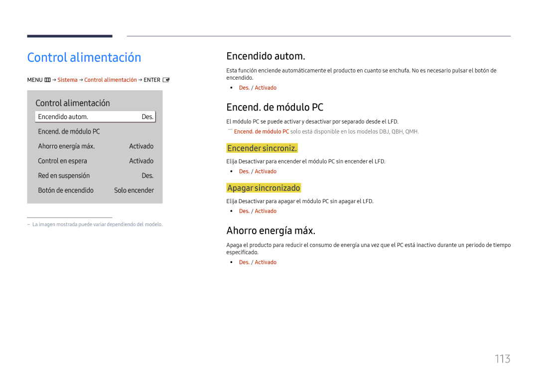 Samsung LH65QHHPLGC/EN manual Control alimentación, 113, Encendido autom, Encend. de módulo PC, Ahorro energía máx 