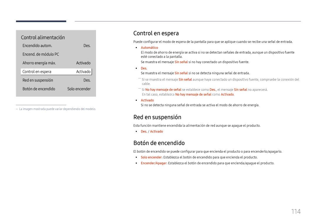 Samsung LH55QMHPLGC/EN, LH65QBHPLGC/EN manual 114, Control en espera, Red en suspensión, Botón de encendido, Automático 