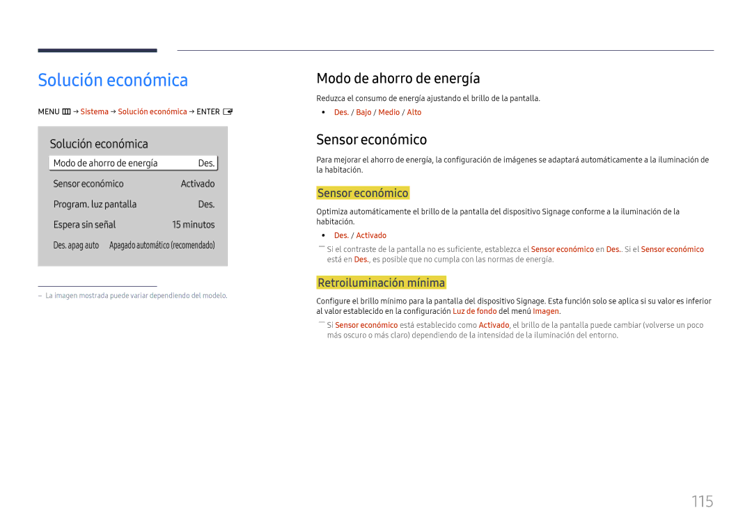 Samsung LH55QHHPLGC/EN, LH65QBHPLGC/EN, LH75QBHPLGC/EN Solución económica, 115, Modo de ahorro de energía, Sensor económico 