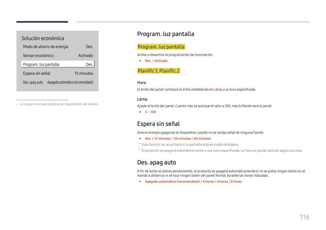 Samsung LH49QMHPLGC/EN, LH65QBHPLGC/EN, LH75QBHPLGC/EN manual 116, Program. luz pantalla, Espera sin señal, Des. apag auto 