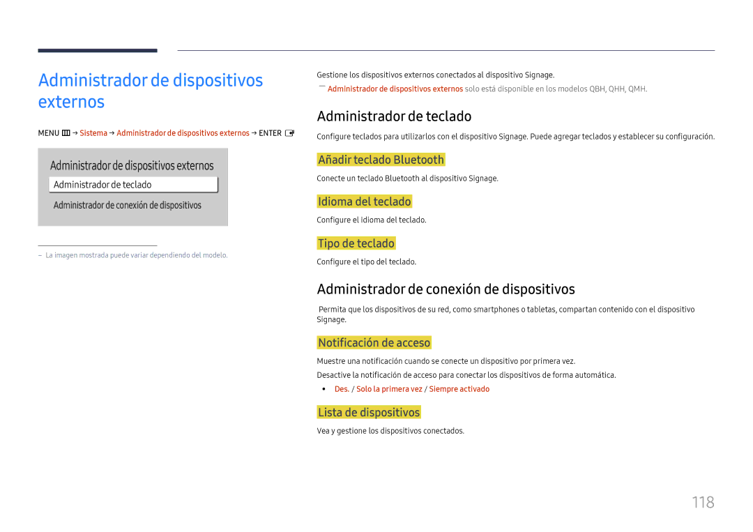 Samsung LH75QBHPLGC/EN, LH65QBHPLGC/EN manual Administrador de dispositivos externos, 118, Administrador de teclado 