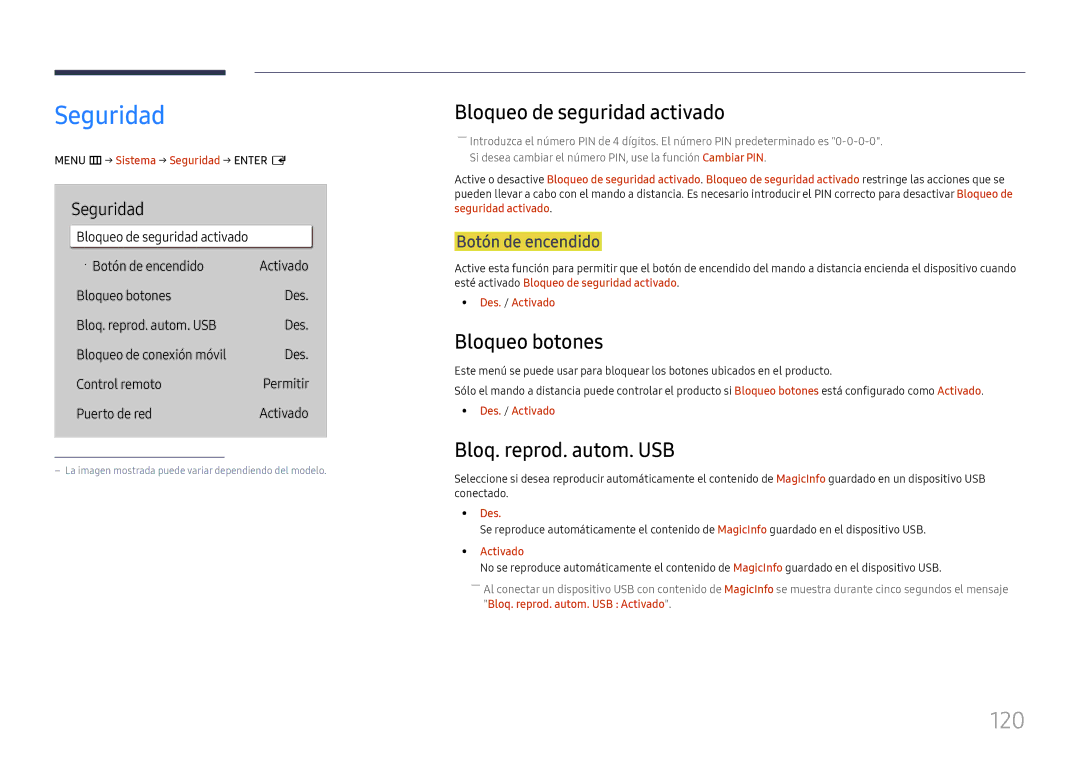 Samsung LH43DBJPLGC/EN manual Seguridad, 120, Bloqueo de seguridad activado, Bloqueo botones, Bloq. reprod. autom. USB 