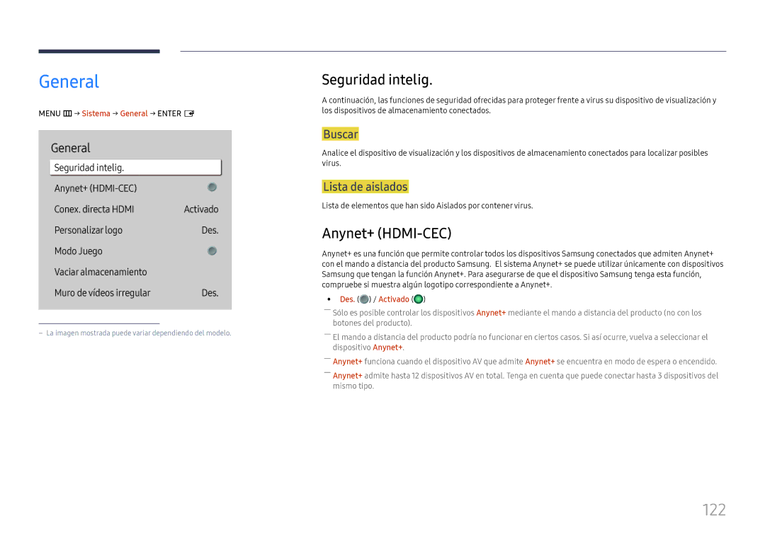 Samsung LH65QHHPLGC/EN, LH65QBHPLGC/EN, LH75QBHPLGC/EN, LH49DBJPLGC/EN General, 122, Seguridad intelig, Anynet+ HDMI-CEC 