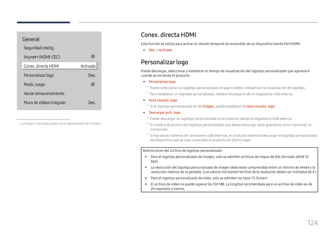 Samsung LH55QHHPLGC/EN, LH65QBHPLGC/EN, LH75QBHPLGC/EN, LH49DBJPLGC/EN manual 124, Conex. directa Hdmi, Personalizar logo 