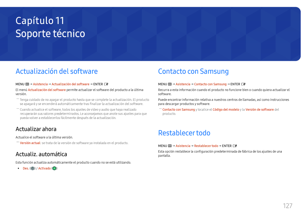 Samsung LH75QBHPLGC/EN manual Soporte técnico, Actualización del software, Contacto con Samsung, Restablecer todo, 127 