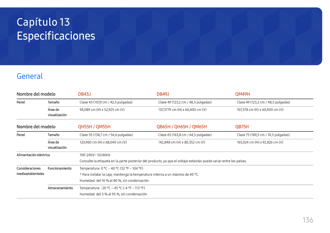 Samsung LH75QBHPLGC/EN, LH65QBHPLGC/EN, LH49DBJPLGC/EN, LH43DBJPLGC/EN manual Especificaciones, 136, Nombre del modelo 