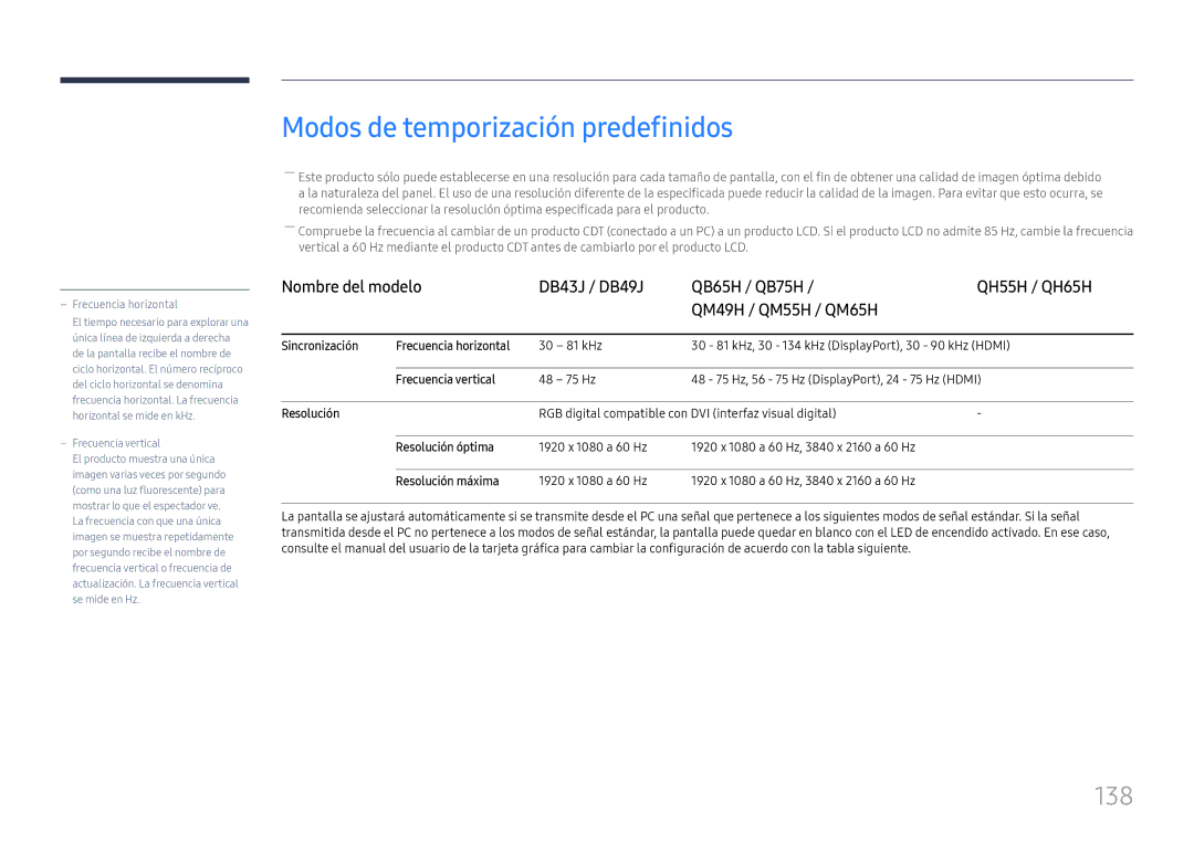 Samsung LH43DBJPLGC/EN, LH65QBHPLGC/EN, LH75QBHPLGC/EN, LH49DBJPLGC/EN manual Modos de temporización predefinidos, 138 