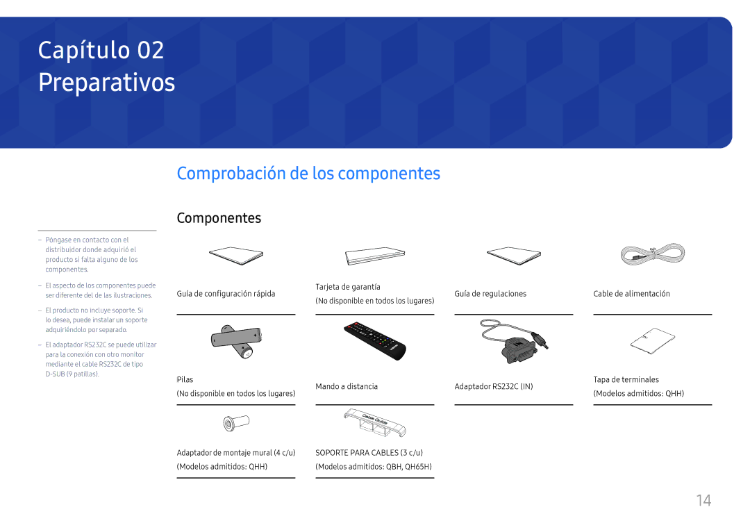 Samsung LH65QHHPLGC/EN, LH65QBHPLGC/EN Preparativos, Comprobación de los componentes, Componentes, Modelos admitidos QHH 