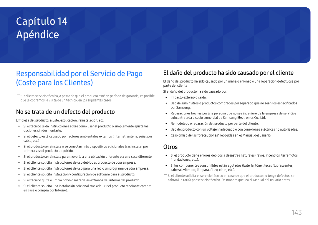 Samsung LH49QMHPLGC/EN, LH65QBHPLGC/EN, LH75QBHPLGC/EN manual Apéndice, 143, No se trata de un defecto del producto, Otros 