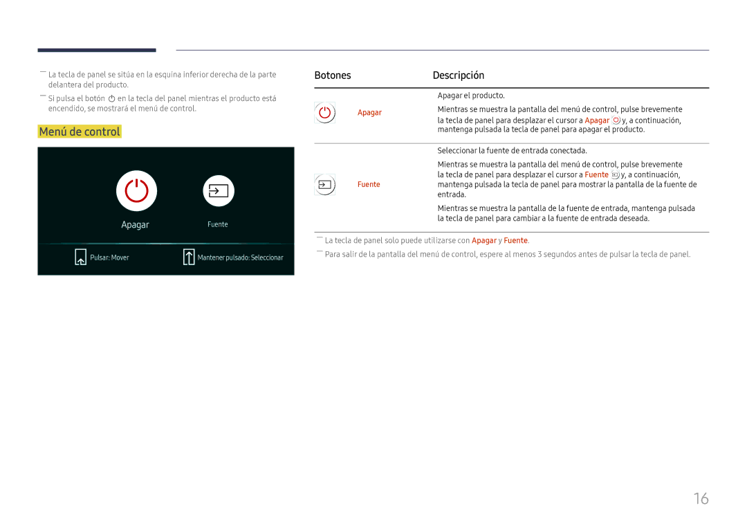 Samsung LH55QHHPLGC/EN, LH65QBHPLGC/EN manual Menú de control, Botones Descripción, Apagar el producto, Continuación 