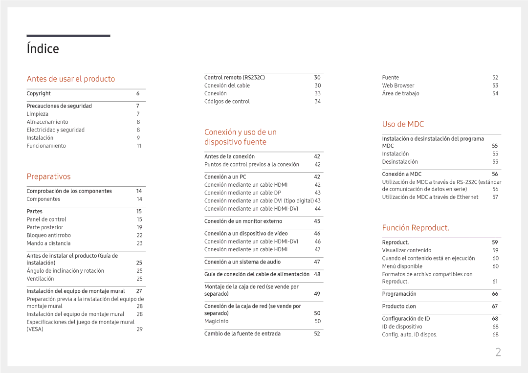 Samsung LH49DBJPLGC/EN, LH65QBHPLGC/EN, LH75QBHPLGC/EN, LH43DBJPLGC/EN, LH65QMHPLGC/EN, LH65QHHPLGC/EN, LH55QMHPLGC/EN Índice 