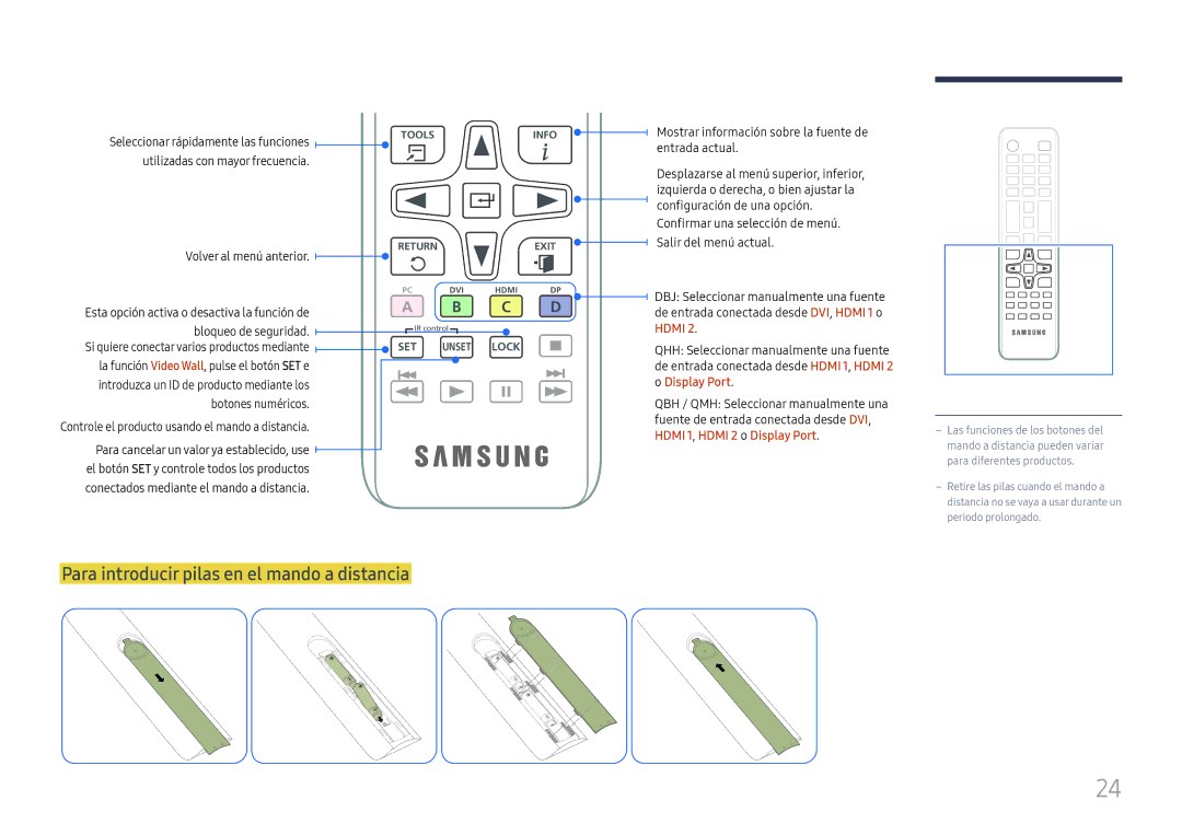 Samsung LH55QMHPLGC/EN manual Para introducir pilas en el mando a distancia, Utilizadas con mayor frecuencia, Display Port 