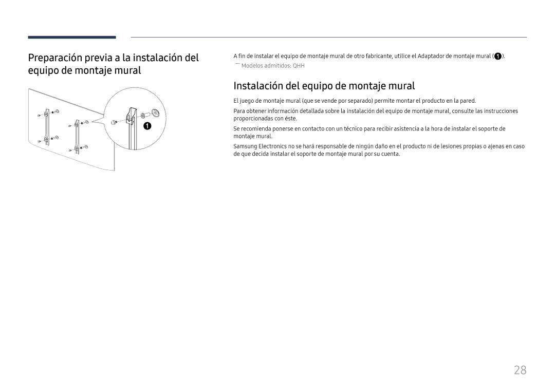 Samsung LH75QBHPLGC/EN, LH65QBHPLGC/EN, LH49DBJPLGC/EN, LH43DBJPLGC/EN manual Instalación del equipo de montaje mural 