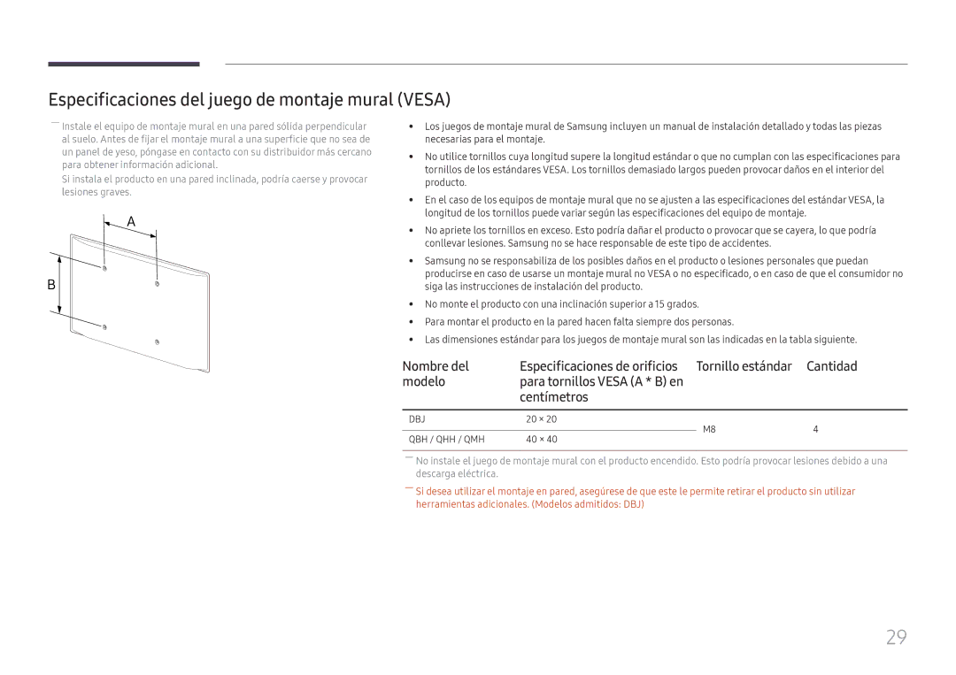 Samsung LH49DBJPLGC/EN, LH65QBHPLGC/EN, LH75QBHPLGC/EN manual Especificaciones del juego de montaje mural Vesa, Nombre del 