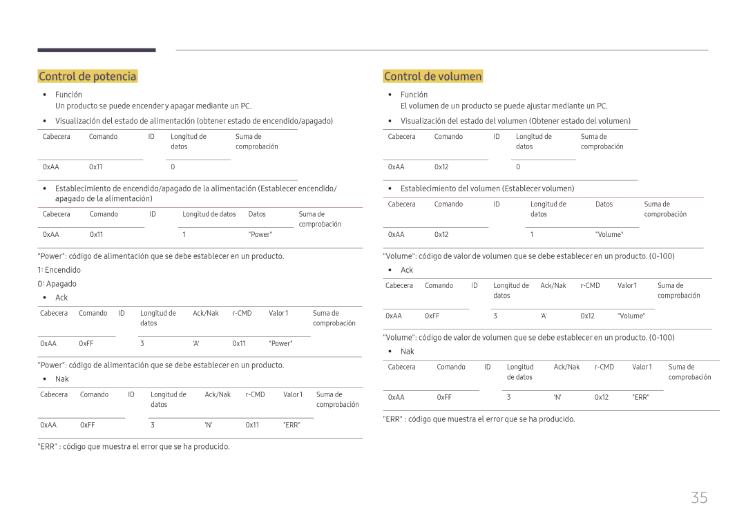 Samsung LH49QMHPLGC/EN manual Control de potencia, Control de volumen, ERR código que muestra el error que se ha producido 