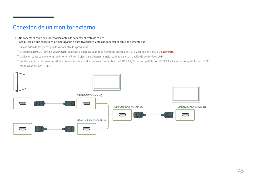 Samsung LH65QBHPLGC/EN, LH75QBHPLGC/EN, LH49DBJPLGC/EN, LH43DBJPLGC/EN, LH65QMHPLGC/EN manual Conexión de un monitor externo 