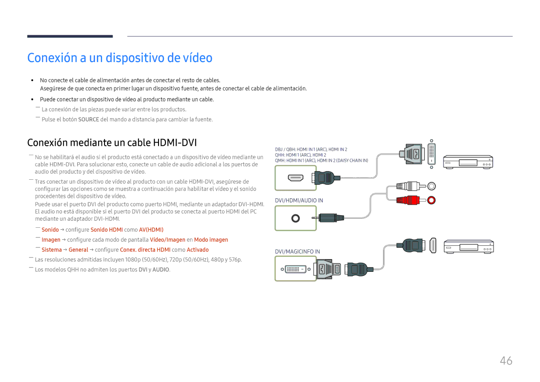 Samsung LH75QBHPLGC/EN, LH65QBHPLGC/EN Conexión a un dispositivo de vídeo, ――Sonido → configure Sonido Hdmi como Avhdmi 