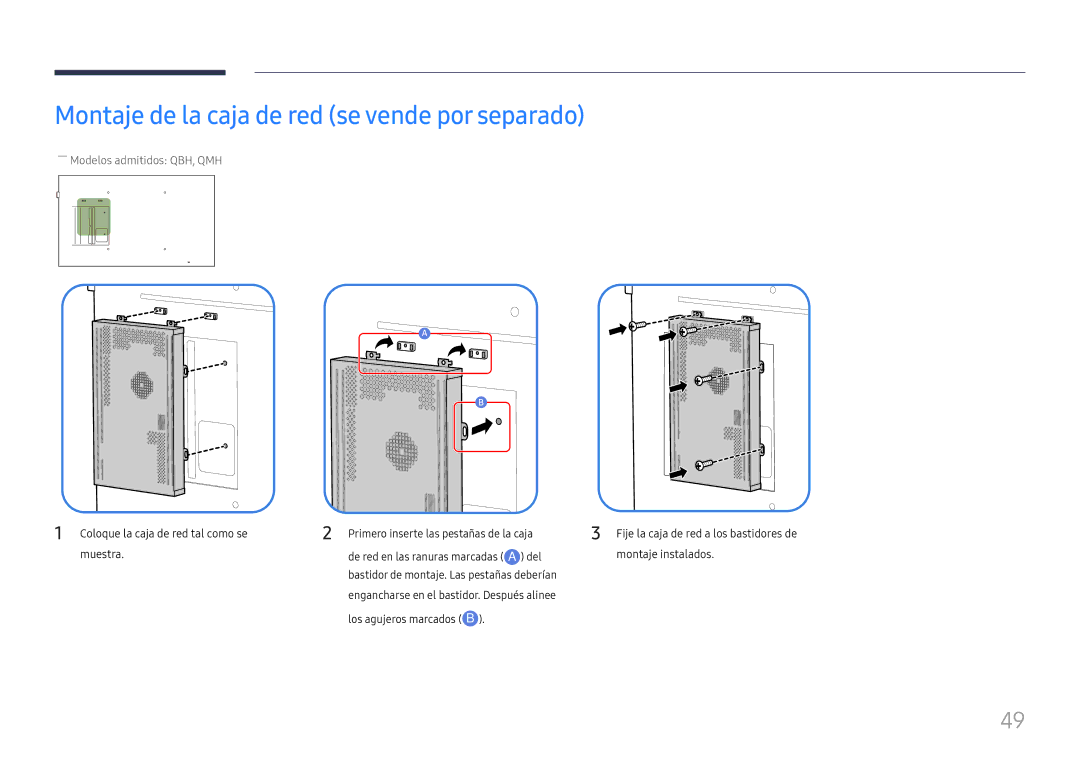 Samsung LH65QMHPLGC/EN, LH65QBHPLGC/EN manual Montaje de la caja de red se vende por separado, ――Modelos admitidos QBH, QMH 