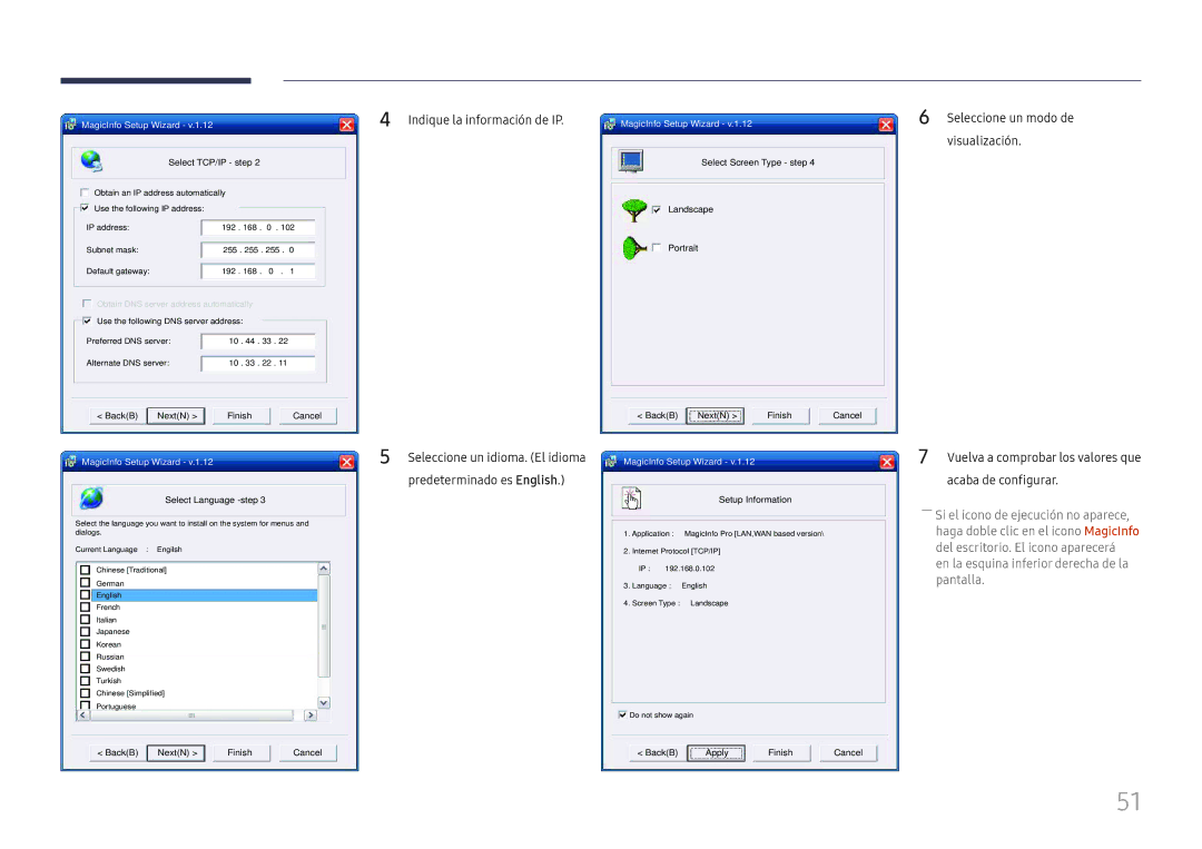 Samsung LH55QMHPLGC/EN, LH65QBHPLGC/EN, LH75QBHPLGC/EN, LH49DBJPLGC/EN manual Indique la información de IP, Select TCP/IP step 