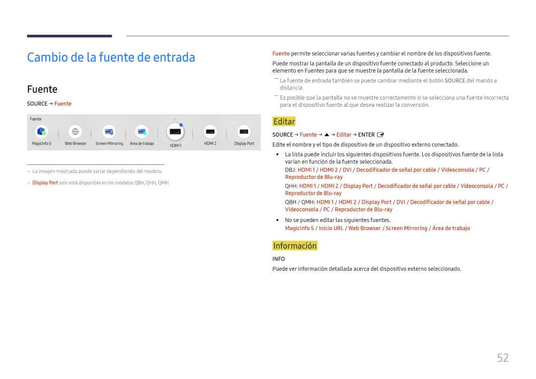 Samsung LH55QHHPLGC/EN, LH65QBHPLGC/EN, LH75QBHPLGC/EN manual Cambio de la fuente de entrada, Fuente, Editar, Información 