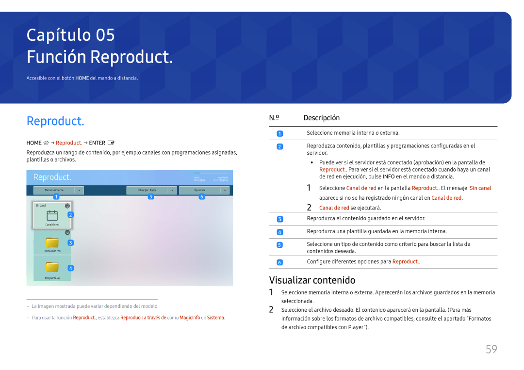 Samsung LH65QHHPLGC/EN Función Reproduct, Visualizar contenido, Home → Reproduct. → Enter E, Canal de red se ejecutará 