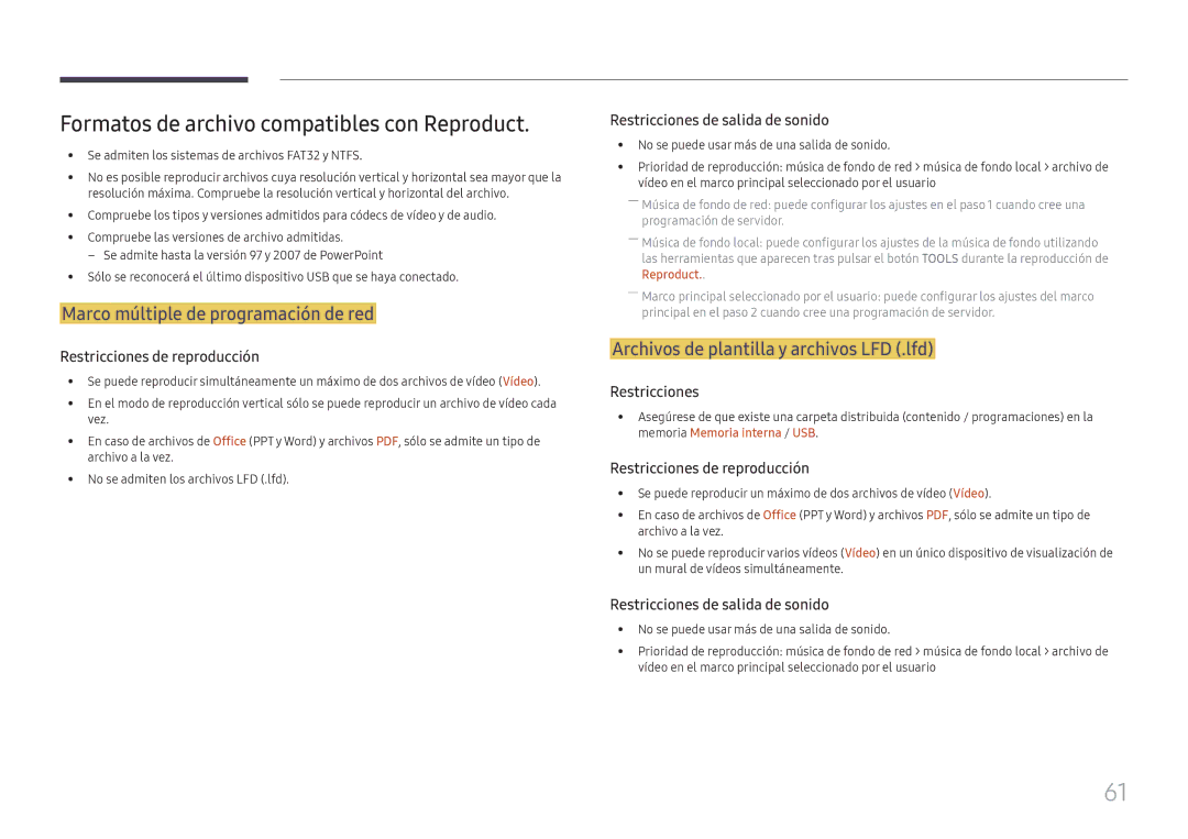 Samsung LH55QHHPLGC/EN manual Formatos de archivo compatibles con Reproduct, Marco múltiple de programación de red 