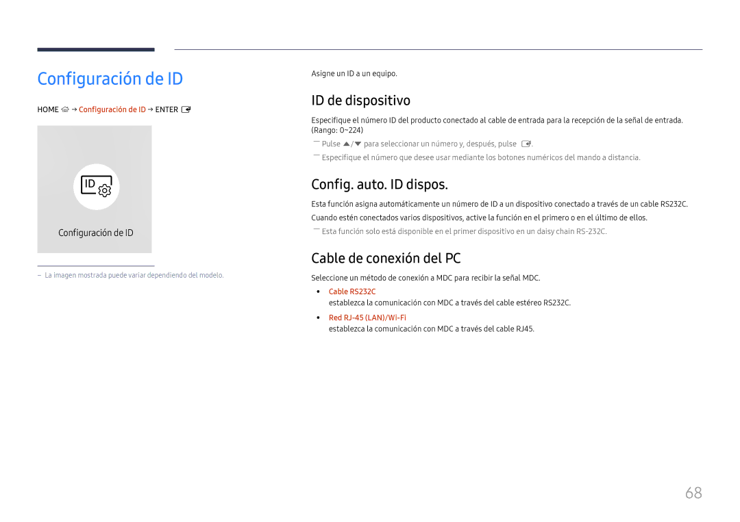 Samsung LH65QHHPLGC/EN manual Configuración de ID, ID de dispositivo, Config. auto. ID dispos, Cable de conexión del PC 