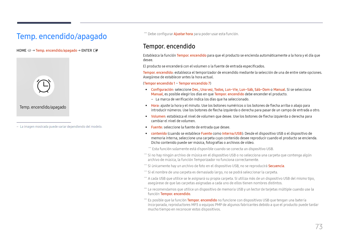 Samsung LH75QBHPLGC/EN, LH65QBHPLGC/EN, LH49DBJPLGC/EN manual Tempor. encendido, Home → Temp. encendido/apagado → Enter E 