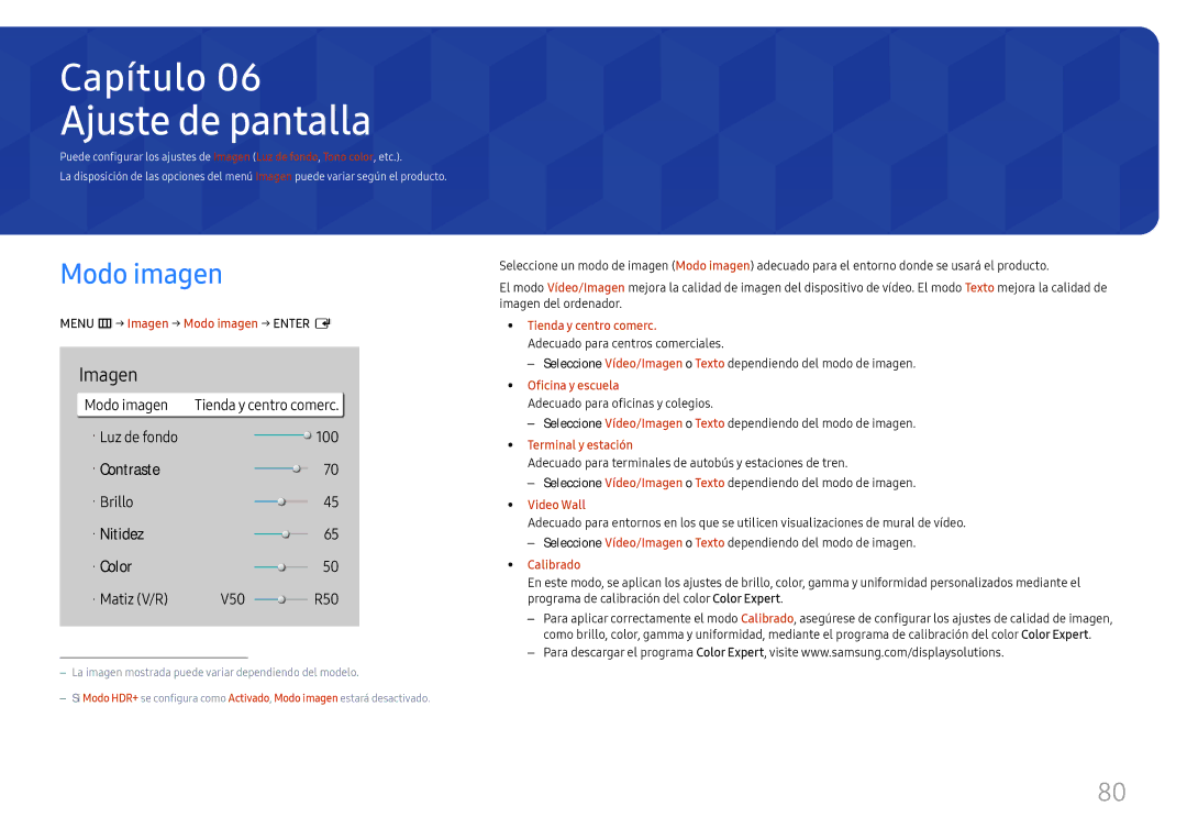 Samsung LH49QMHPLGC/EN, LH65QBHPLGC/EN, LH75QBHPLGC/EN manual Ajuste de pantalla, Menu m→ Imagen → Modo imagen → Enter E 