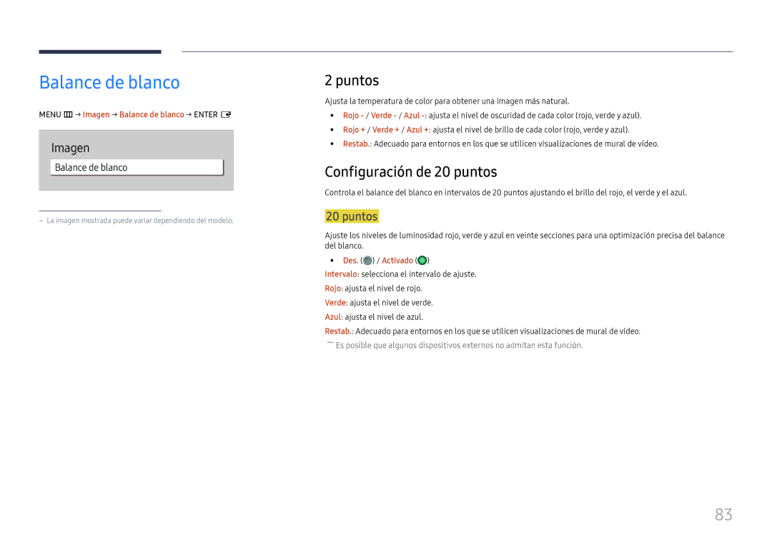 Samsung LH49DBJPLGC/EN, LH65QBHPLGC/EN, LH75QBHPLGC/EN, LH43DBJPLGC/EN Balance de blanco, Puntos, Configuración de 20 puntos 