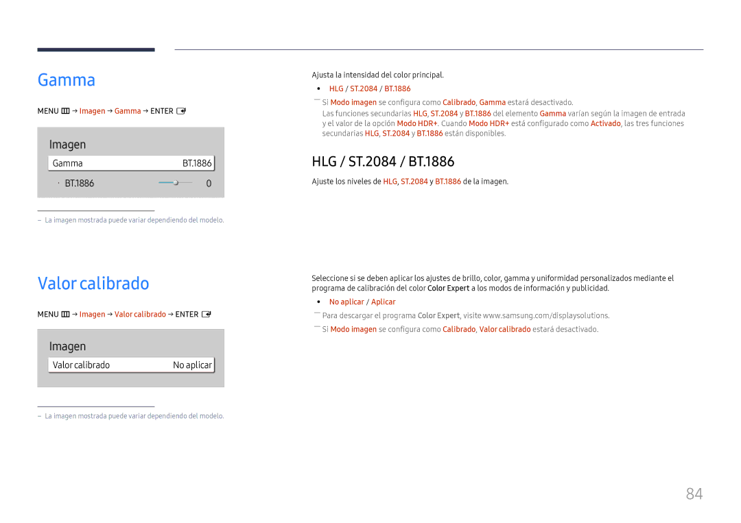 Samsung LH43DBJPLGC/EN, LH65QBHPLGC/EN, LH75QBHPLGC/EN Valor calibrado, HLG / ST.2084 / BT.1886, GammaBT.1886 · BT.1886 