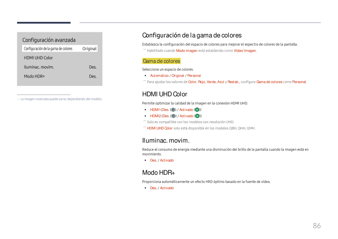 Samsung LH65QHHPLGC/EN Configuración de la gama de colores, Hdmi UHD Color, Iluminac. movim, Modo HDR+, Gama de colores 