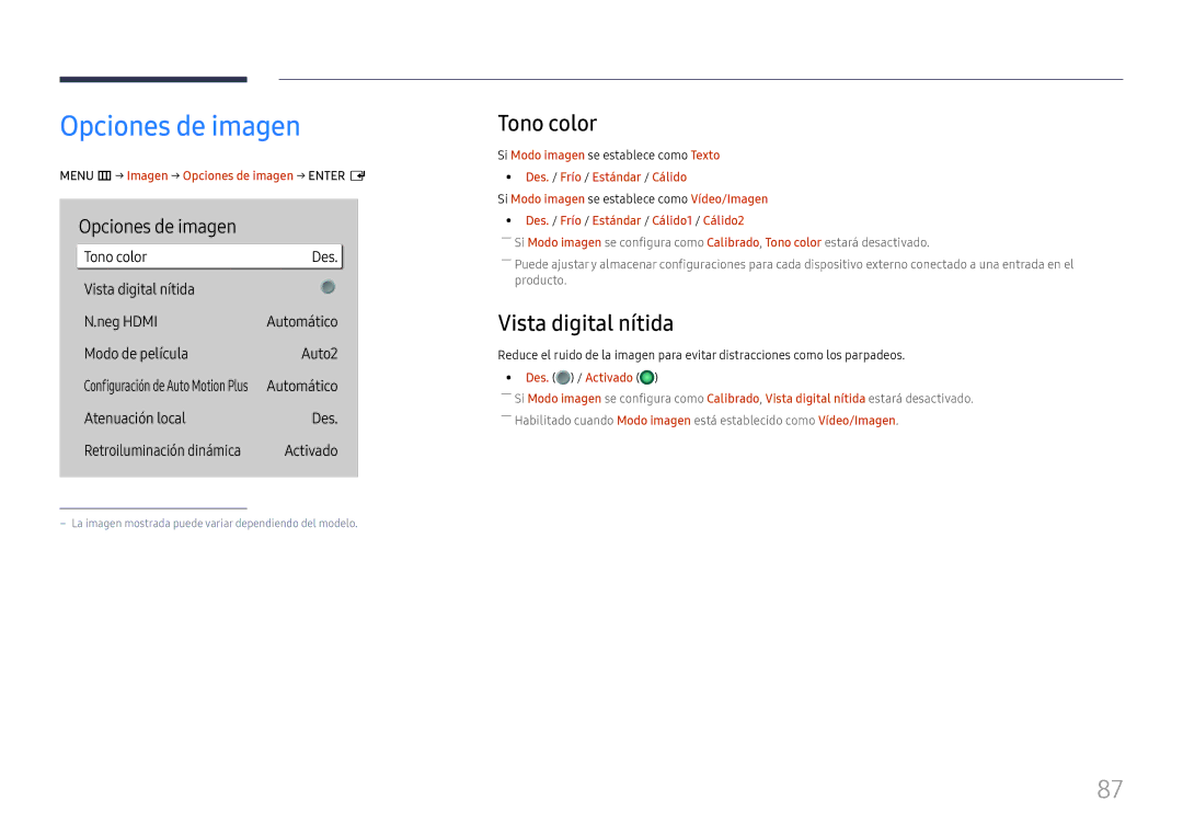 Samsung LH55QMHPLGC/EN, LH65QBHPLGC/EN, LH75QBHPLGC/EN, LH49DBJPLGC/EN Opciones de imagen, Tono color, Vista digital nítida 