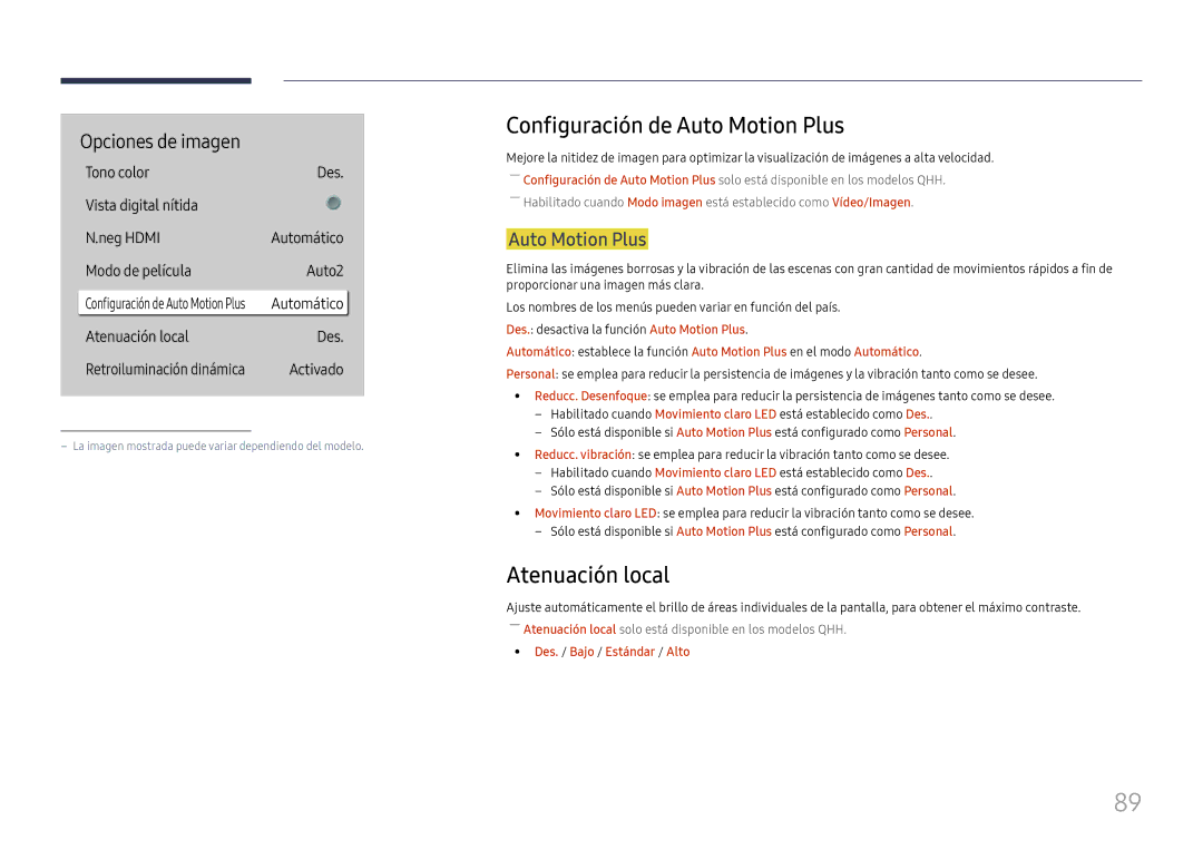 Samsung LH49QMHPLGC/EN, LH65QBHPLGC/EN Configuración de Auto Motion Plus, Atenuación local, Des. / Bajo / Estándar / Alto 