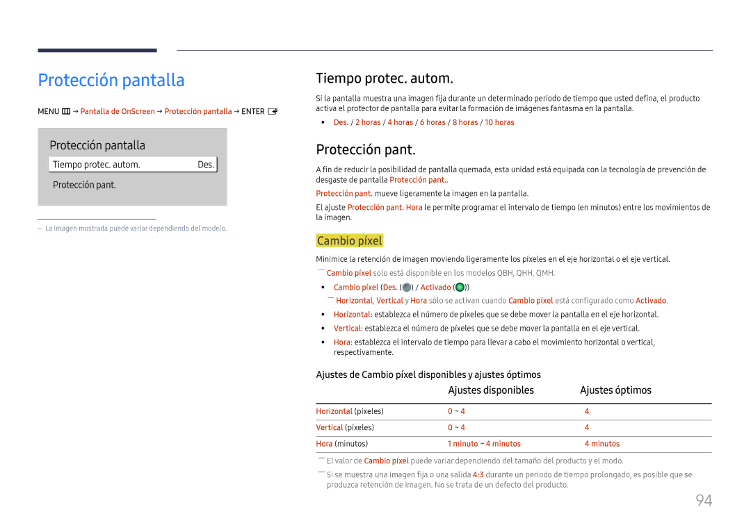 Samsung LH65QMHPLGC/EN, LH65QBHPLGC/EN, LH75QBHPLGC/EN manual Protección pantalla, Tiempo protec. autom, Cambio píxel 
