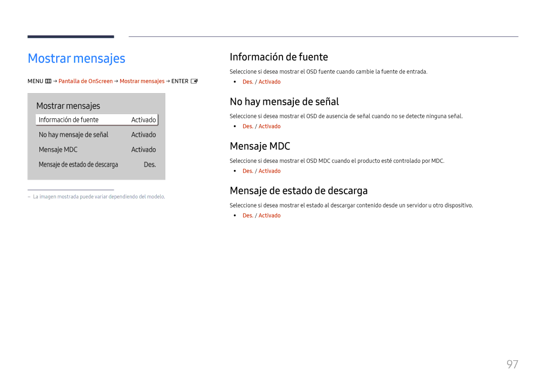 Samsung LH55QHHPLGC/EN, LH65QBHPLGC/EN manual Mostrar mensajes, Información de fuente, No hay mensaje de señal, Mensaje MDC 