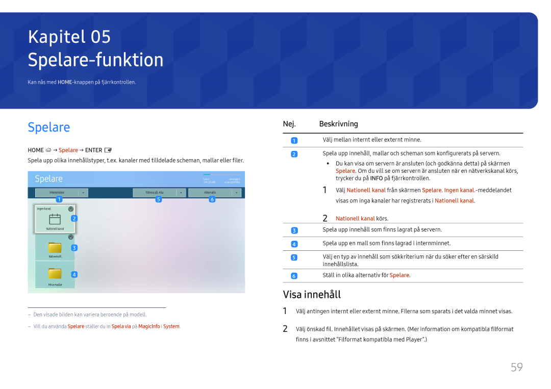 Samsung LH65QHHPLGC/EN, LH65QBHPLGC/EN manual Spelare-funktion, Visa innehåll, Nej. Beskrivning, Nationell kanal körs 