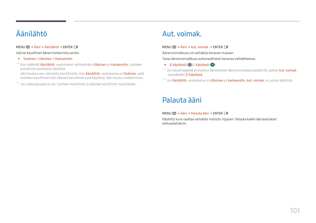 Samsung LH49DBJPLGC/EN, LH65QBHPLGC/EN, LH75QBHPLGC/EN, LH43DBJPLGC/EN manual Äänilähtö, Aut. voimak, Palauta ääni, 101 