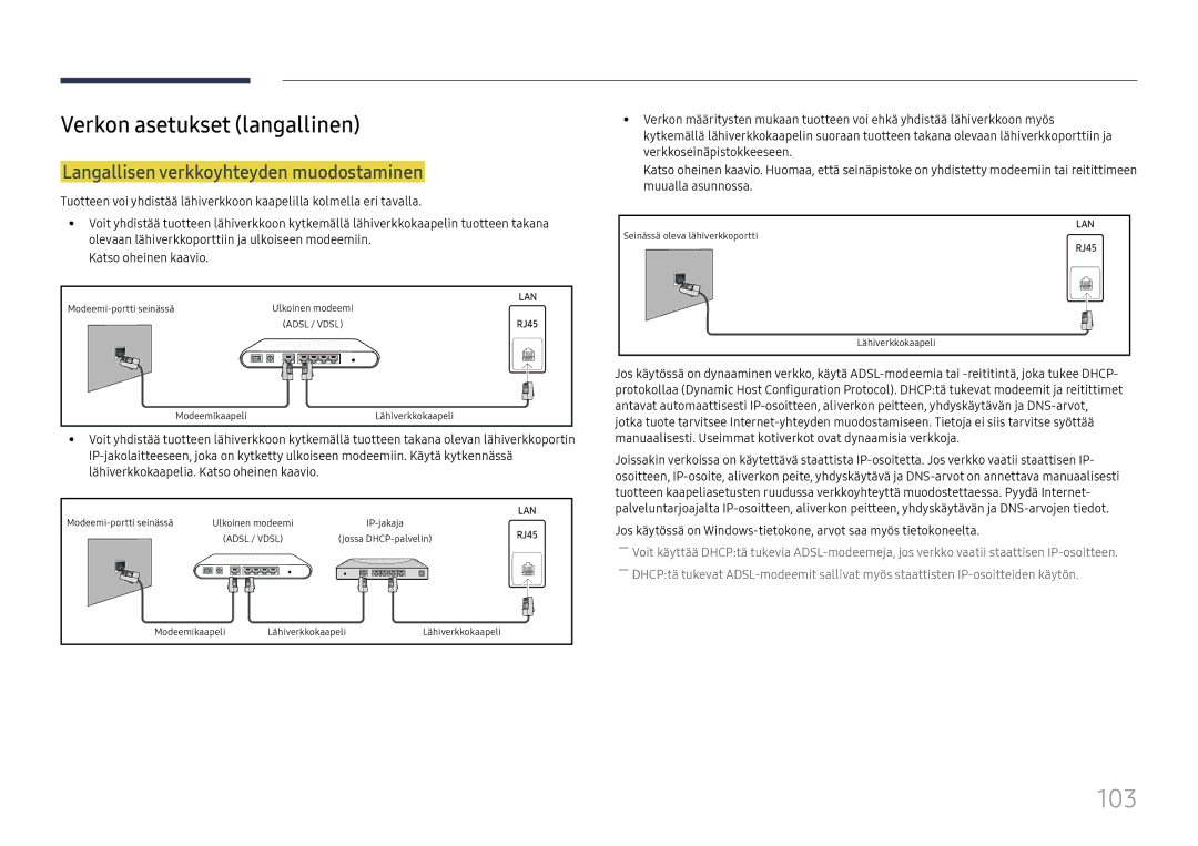 Samsung LH65QMHPLGC/EN, LH65QBHPLGC/EN manual 103, Verkon asetukset langallinen, Langallisen verkkoyhteyden muodostaminen 