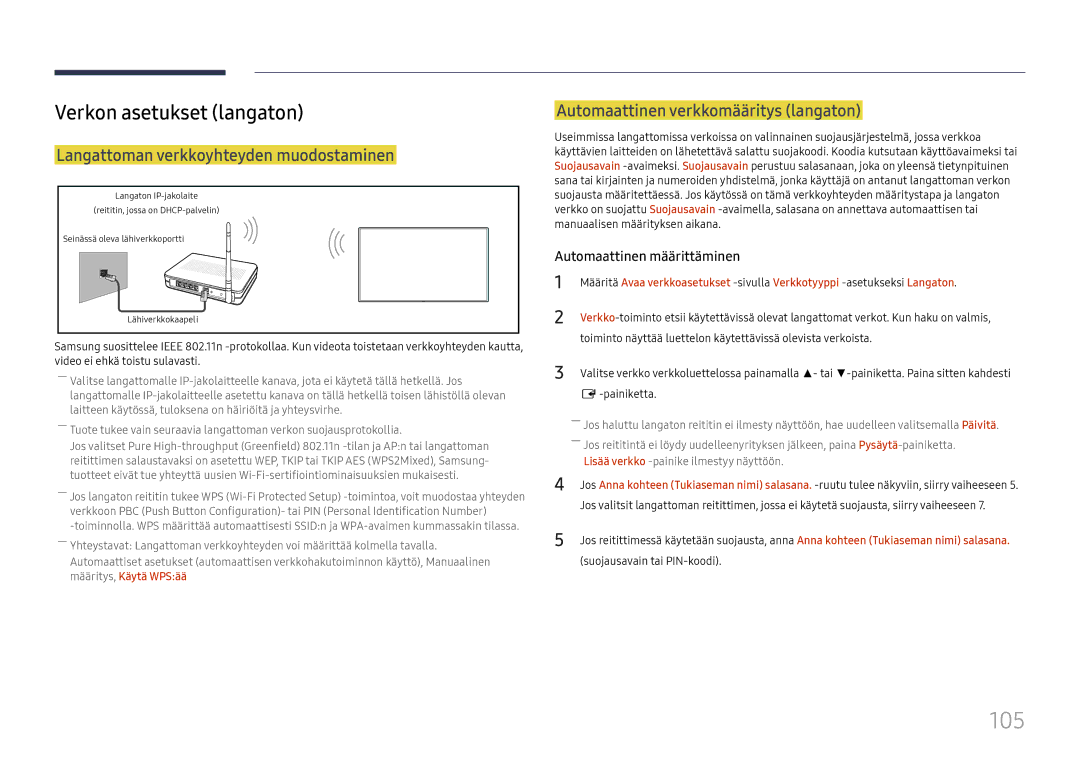 Samsung LH55QMHPLGC/EN, LH65QBHPLGC/EN manual 105, Verkon asetukset langaton, Langattoman verkkoyhteyden muodostaminen 